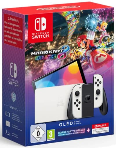 Console Nintendo Switch Oled Bianca con Mario Kart 8 Deluxe Preinstallato e 12 mesi di abbonamento online.